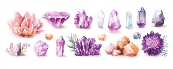 Set Boho crystal grid with various stones arranged in sacred patterns, isolated on a white background, illustrated in watercolor style.