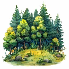 Fototapeta premium Watercolor illustration depicting a vibrant forest clearing with towering trees, blooming wildflowers, and a verdant grassy area