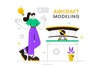 Aircraft Modeling and Crafting Vector Illustration with Assembling or Painting a Huge Airplane Model as a Replica of an Existing in the Background