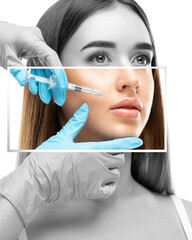 Cosmetologist does injections for lips augmentation and anti wrinkle in the nasolabial folds of a...