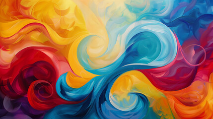 Dynamic Abstract Painting with Swirling Patterns of Red, Blue, Yellow, and Turquoise in a Vibrant Composition.