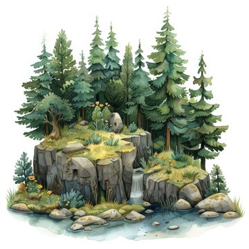 recommend clip art: A watercolor illustration depicting a serene forest clearing with a waterfall cascading into a small pond surrounded by rocks and lush greenery