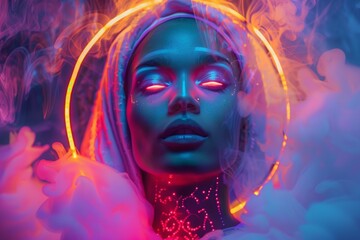 A futuristic and ethereal portrait of a woman with glowing eyes and a neon halo surrounded by colorful smoke.