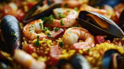 A close-up of a seafood paella, with a colorful mix of shrimp, mussels, and saffron rice, highlighting the rich textures and vibrant ingredients.