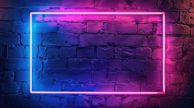 A vibrant neon frame in pink and blue on a textured brick wall background, creating a striking and modern visual.