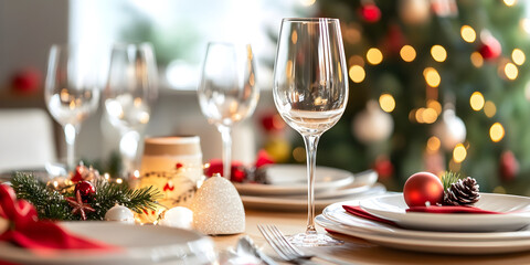 Fototapeta premium A beautifully set Christmas dinner table features elegant glassware, festive decorations, and warm lighting, creating a cozy holiday atmosphere