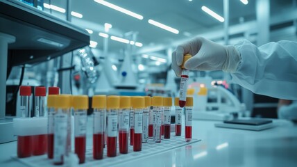 Scientist Handling Blood Samples in a Modern Laboratory with Advanced Equipment and Bright Lighting
