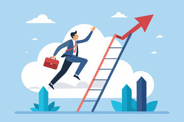 Climb up ladder to reach target or goal, aspiration to success, growth or aiming to achieve target, objective or purpose, motivation to winning concept, businessman climbing ladder to business goal. 
