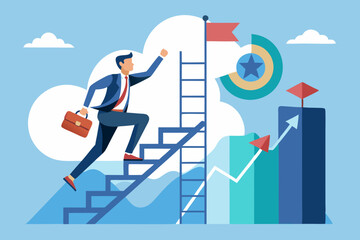 Climb up ladder to reach target or goal, aspiration to success, growth or aiming to achieve target, objective or purpose, motivation to winning concept, businessman climbing ladder to business goal. 
