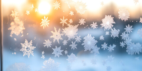 A close-up of a frosted window showcasing intricate snowflakes illuminated by sunlight, creating a warm winter atmosphere