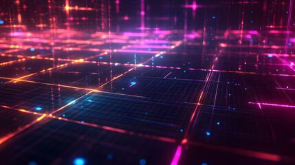 Obraz premium A digital landscape with glowing grids and neon colors creates a mesmerizing abstract scene filled with vibrant lights and energy