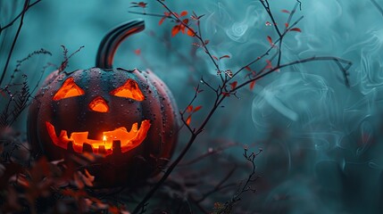 Spooky Halloween pumpkin against eerie foggy moonlit branches with copy space image