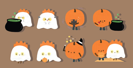 Halloween ghosts and pumpkins set vector illustration