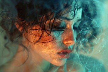 A dynamic action shot of a professional female soccer player mid-air, powerfully kicking the ball towards the goal during an intense match under stadium lights.