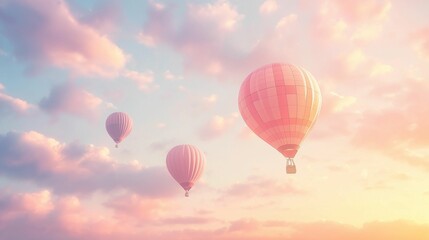 Obraz premium Hot air balloons soar above a sea of fluffy pink clouds during a serene sunrise.