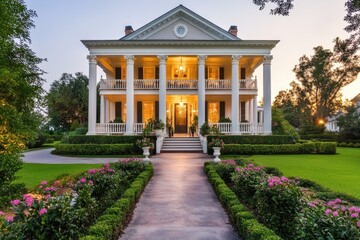 Obraz premium A grand two-story house with columns, surrounded by manicured gardens and flowers.