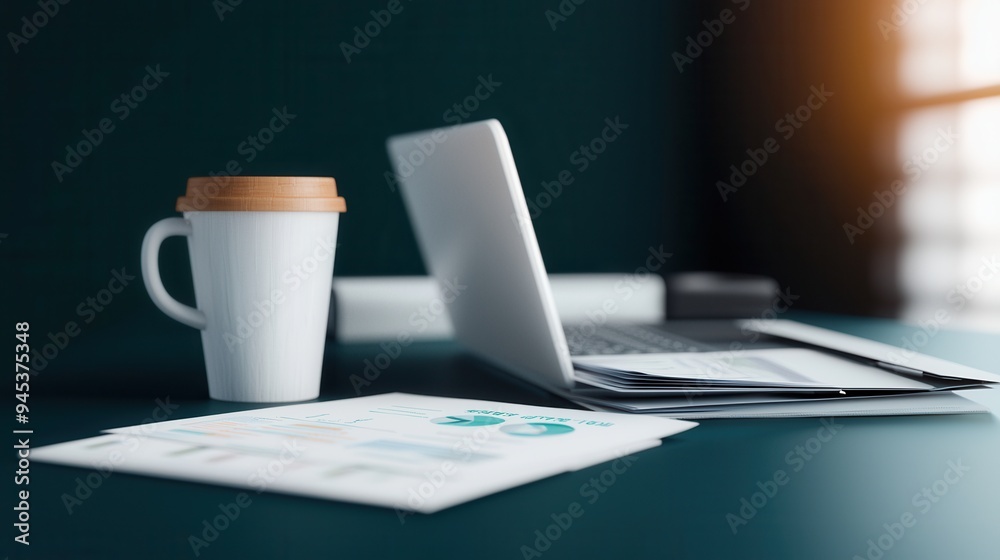 Wall mural Business Workplace with Laptop, Papers, and Coffee Cup.