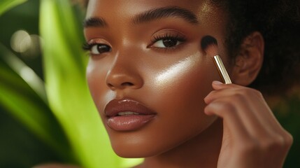 A close-up of a woman applying highlighter to her cheekbones, with her makeup looking fresh and radiant, capturing her attention to detail and beauty.
