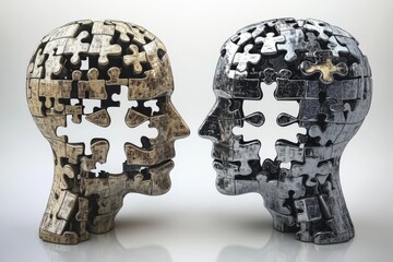 Two silhouetted heads with puzzle pieces missing from their faces symbolize the gaps in understanding and the quest for knowledge in the human cognitive experience