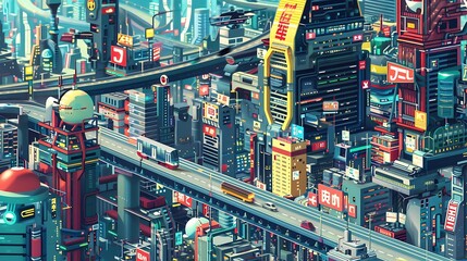 Obraz premium Futuristic Cityscape with Elevated Highways and a River