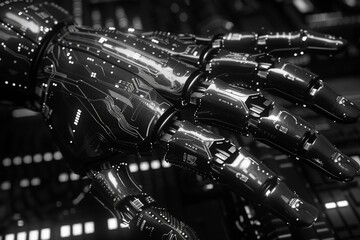 Fototapeta premium A black and white close-up of a highly detailed robotic hand, representing advanced technology and the integration of artificial intelligence in modern design. 