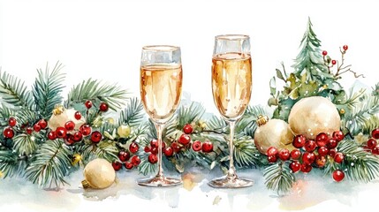 Watercolor Table setting Dinner with candle light and glasses of champagne in christmas dinner,forks, knives, spoons,empty plate,isolated illustration on white background,holiday.