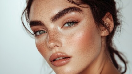 Naklejka premium A close-up of a woman with a classic makeup look, including well-defined brows and natural-looking blush, set against a white background, highlighting her elegance.
