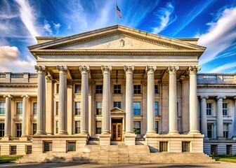 Obraz premium Historic stone columns and ornate architecture of the United States Treasury building in Washington D.C., symbolizing economic stability and national financial importance.