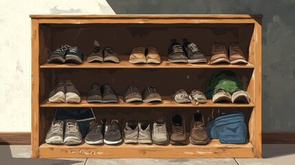 Illustration of Dirty Shoes on an Open Shelf Shoe Rack