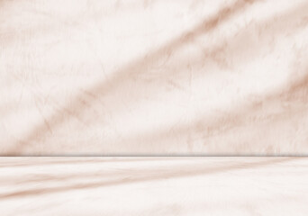 Autumn background brown beige studio room abstract shadow on wall floor blur cement, podium minimal cosmetic presentation, cement empty backdrop platform stage table loft scene mockup podium plant.