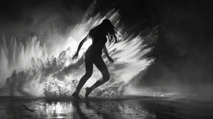 Fototapeta premium Silhouette of a woman running through a water fountain.