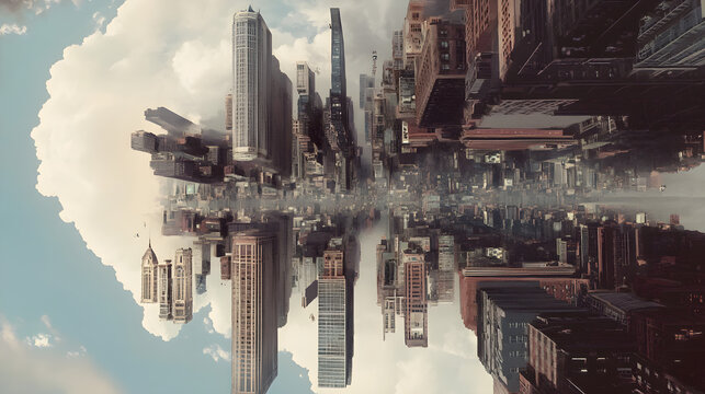 Surreal cityscape features floating buildings amid clouds, creating a dreamlike atmosphere with distorted perspectives and vibrant urban architecture