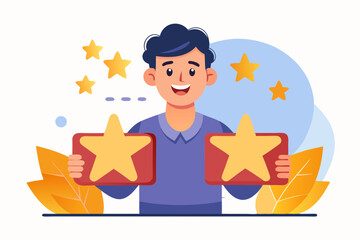 Customer experience, best score rating, client feedback or consumer review, 5 stars rating, like or positive survey, customer satisfaction concept, happy young adult customer holding 5 stars rating

