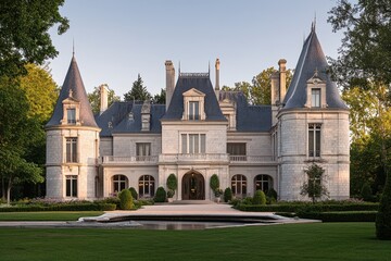 A grand mansion with turrets and landscaped gardens, reflecting elegance and luxury.