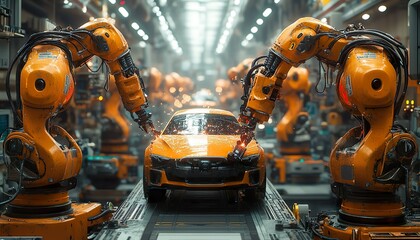 Exploring Automation: A Generative AI Vision of Robotic Welding Arms in a Car Manufacturing Facility, Featuring Sophisticated Stage Design and Cinematic Lighting