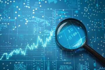 A magnifying glass placed over a digital data interface, symbolizing analysis, data-driven insights, and modern technology. The blue-toned background is filled with graphs, charts, and numbers.