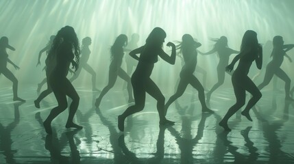 Silhouettes of Dancers in a Foggy Studio.