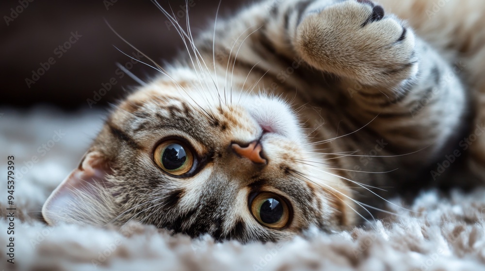 Poster A close-up of an overweight cat with a playful expression, rolling around on a soft rug, emphasizing its fun-loving and adorable nature