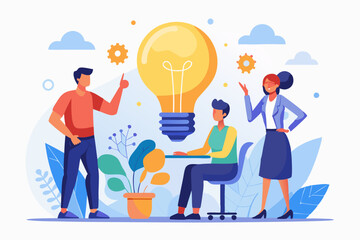 Idea brainstorming, cooperation or collaboration to get solution, teamwork or team meeting to develop idea together, employee participation concept, business people connect lightbulb jigsaw puzzle.
