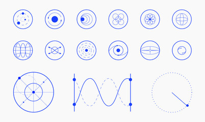 Collection of various geometric shapes, circles, lines, curves, arranged in grid pattern, representing different scientific and mathematical concepts. Modern aesthetics, minimalist art. Vector design
