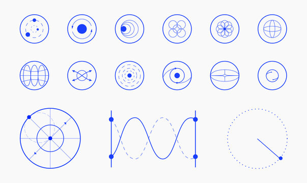 Collection of various geometric shapes, circles, lines, curves, arranged in grid pattern, representing different scientific and mathematical concepts. Modern aesthetics, minimalist art. Vector design