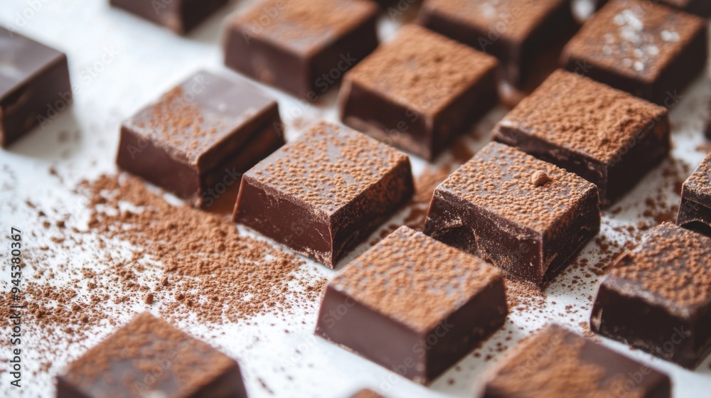 Poster A close-up of chocolate squares with a dusting of powdered cocoa, arranged in an appealing pattern on a white surface, showcasing their rich detail.
