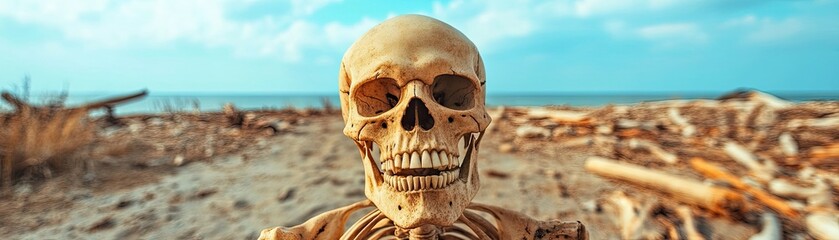 Obraz premium A human skull stands on a beach, surrounded by driftwood and sand, evoking themes of life and death in a serene coastal setting.
