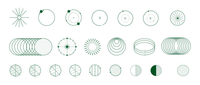 Green scientific diagrams, orbital mechanics, electromagnetic waves, and gravitational interactions. Concepts in astrophysics and electromagnetism. Modern aesthetics, minimalist art. Vector design