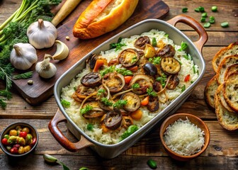 A savory and satisfying gratin dish filled with caramelized mushrooms, tender leeks, and fluffy basmati rice, paired with a crusty bread slice and a colorful selection of roasted vegetables