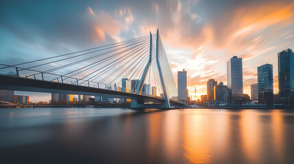 modern suspension bridge with steel cables stretched across river reflecting the vibrant colors of sunset set against city skyline dynamic and serene urban landscape