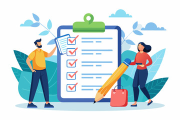 Checklist to complete project task, accomplish work checkmark, todo list clipboard or project status report, plan to finish work concept, business people holding pencil complete task checkbox
