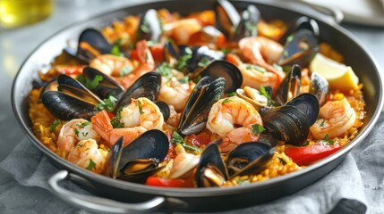 Fototapeta premium Delicious Seafood Paella Featuring Mussels, Shrimp, and Clams in a Traditional Paella Pan