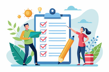 Checklist to complete project task, accomplish work checkmark, todo list clipboard or project status report, plan to finish work concept, business people holding pencil complete task checkbox
