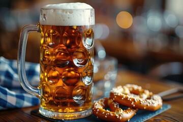 Frothy beer in glass mug with pretzel on wooden table